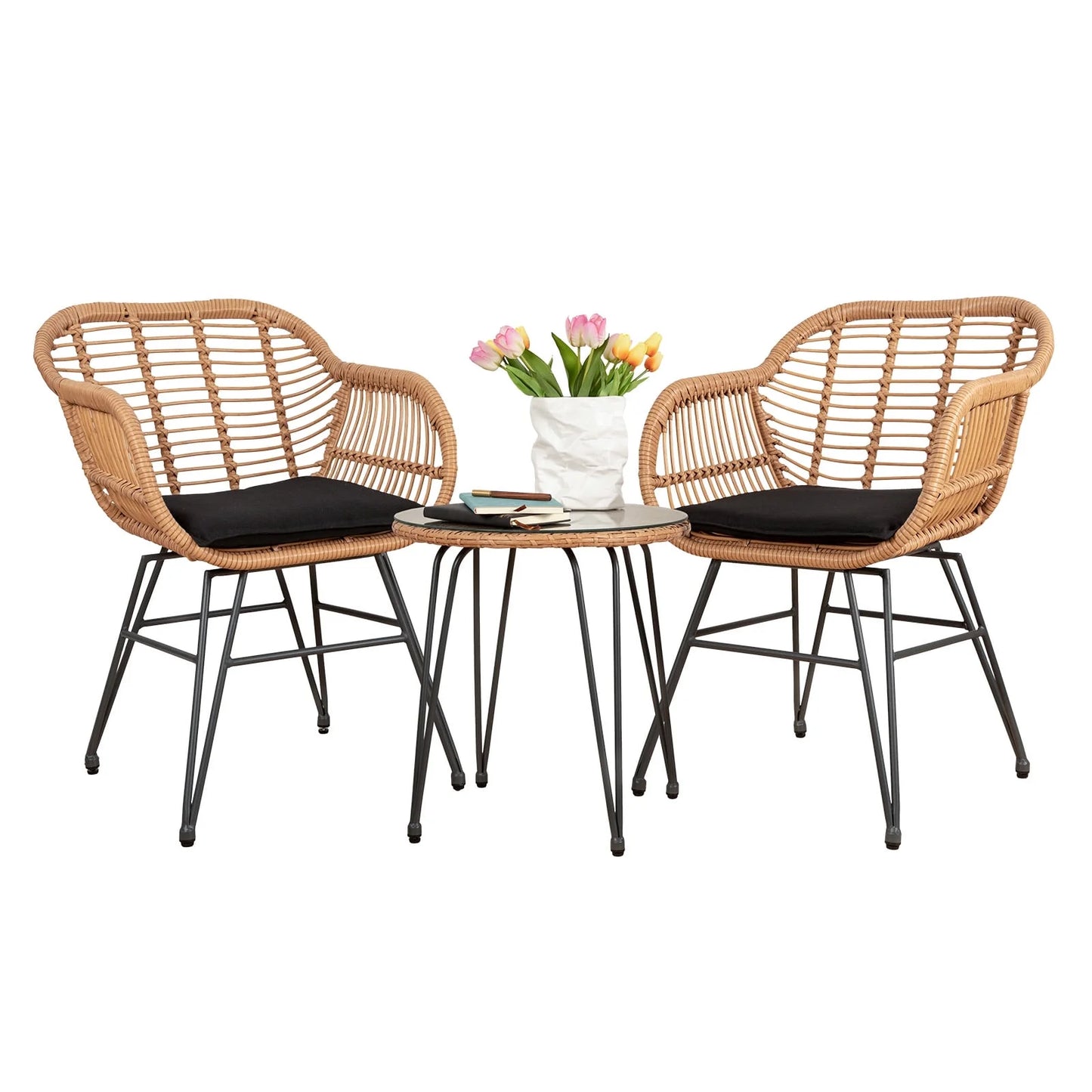 3 Piece Outdoor Wicker Furniture Patio Bistro Set, PE Rattan Patio Chairs Set W/Table & Cushions, Modern Outdoor Patio Furniture for Porch Poolside Garden, Black