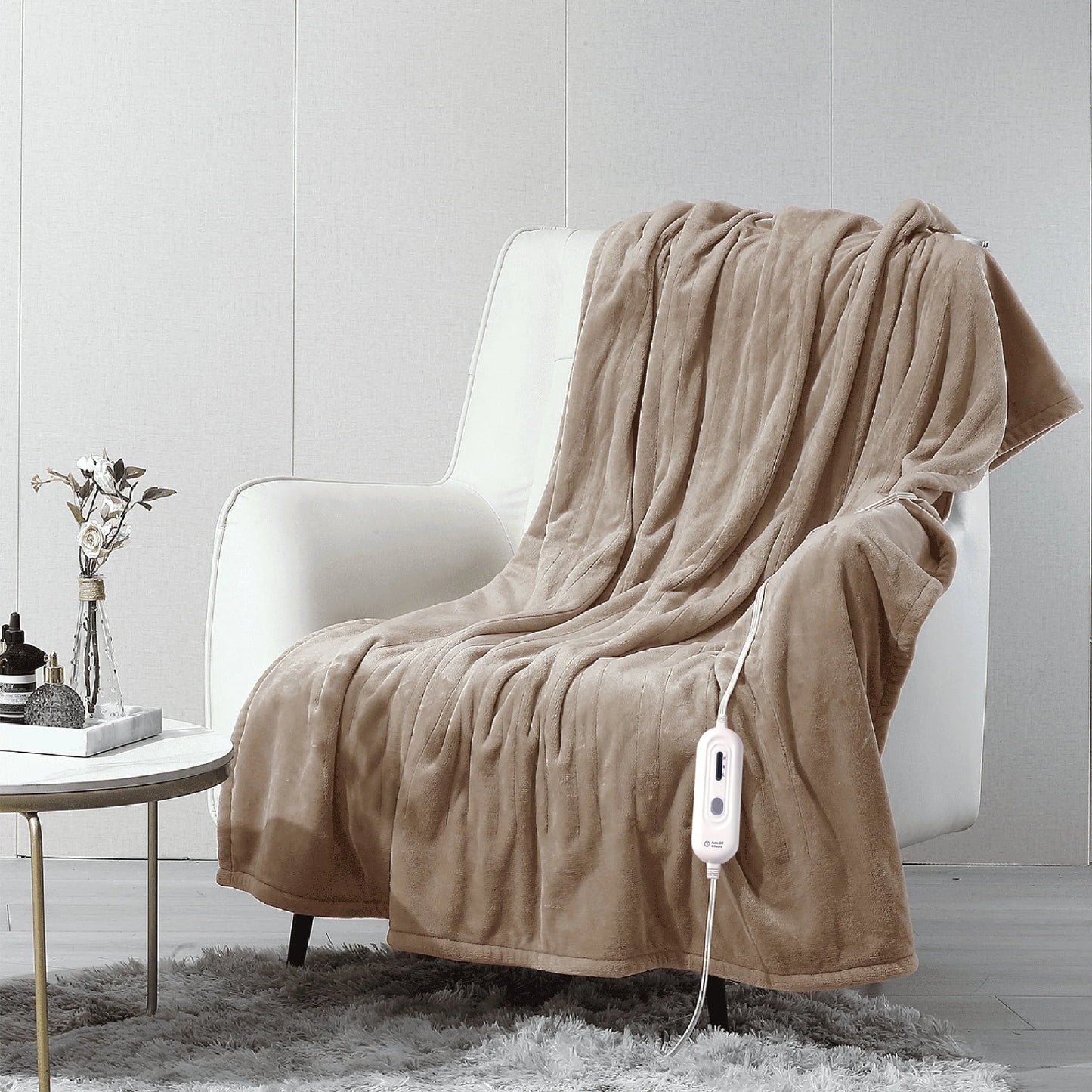 Heated Blanket Throw,50"X60"Double Flannel Heating Blanket for Home Office, Electric Blanket 4 Hours Auto-Off & Over-Heat Protection,Camel