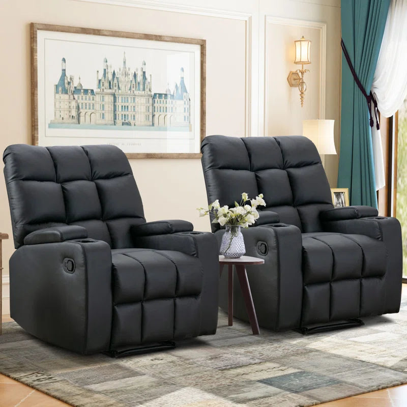 34" Wide Modern Faux Leather Soft Backrest Manual Release Recliner Chair with Massage & Storage & Cup Holder Set of 2