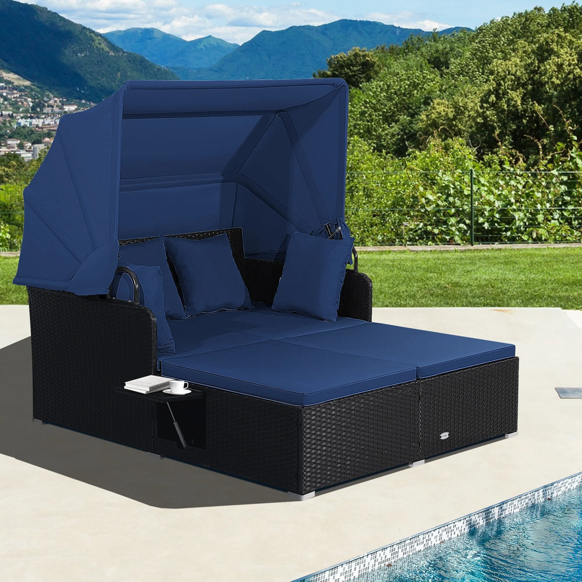 Patio Rattan Daybed Lounge Retractable Top Canopy Side Tables Cushions Navy