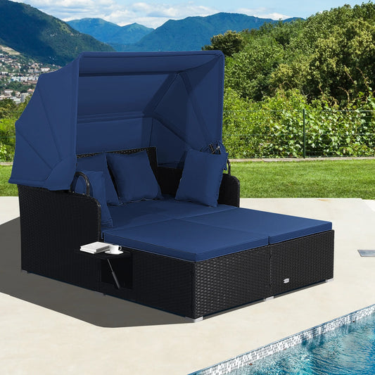 Patio Rattan Daybed Lounge Retractable Top Canopy Side Tables Cushions Navy