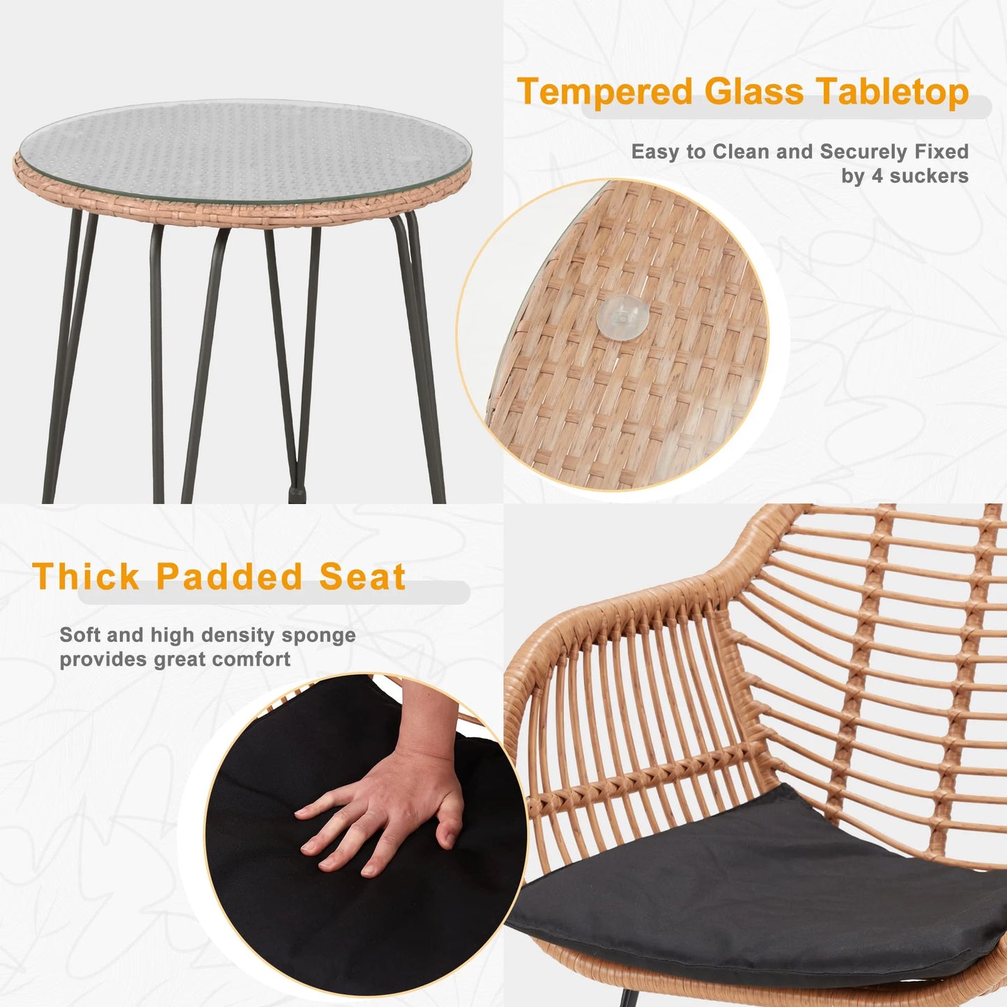 3 Piece Outdoor Wicker Furniture Patio Bistro Set, PE Rattan Patio Chairs Set W/Table & Cushions, Modern Outdoor Patio Furniture for Porch Poolside Garden, Black