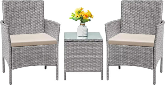 Patio Furniture Set 3 Pieces All-Weather Rattan Outdoor Furniture Patio Chairs with Tempered Glass Table (Brown/Cream)