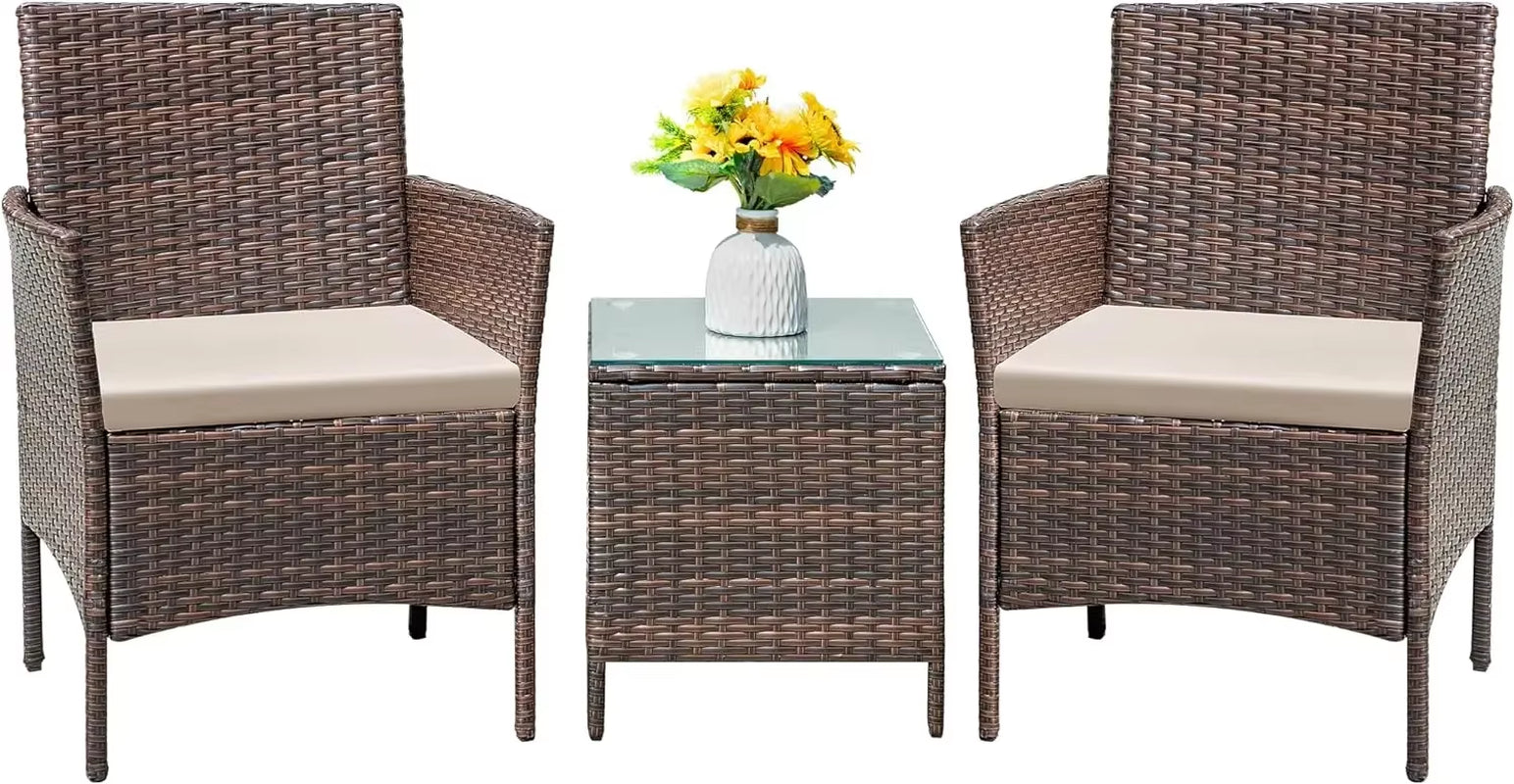 Patio Furniture Set 3 Pieces All-Weather Rattan Outdoor Furniture Patio Chairs with Tempered Glass Table (Brown/Cream)
