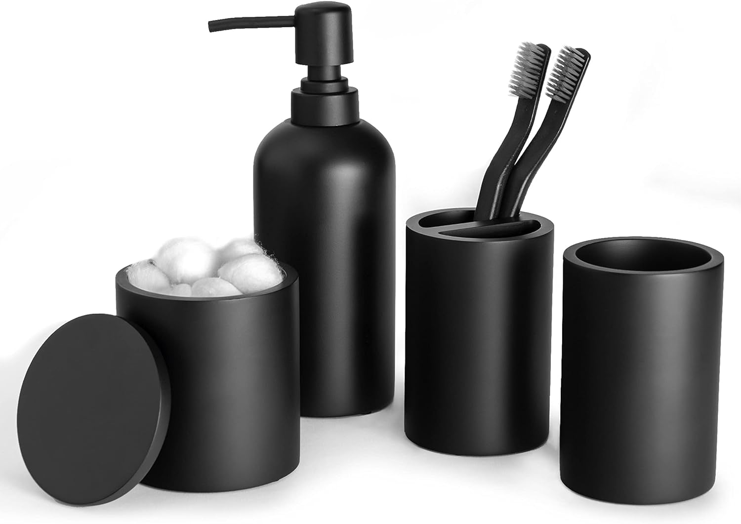 Matte Black Bathroom Accessories Set, 4 Pcs Organizer with Soap Dispenser, Qtip Holder, Tumbler, Toothbrush Holder, Bathroom Sink Set– Accesorios Para Baño Moderno