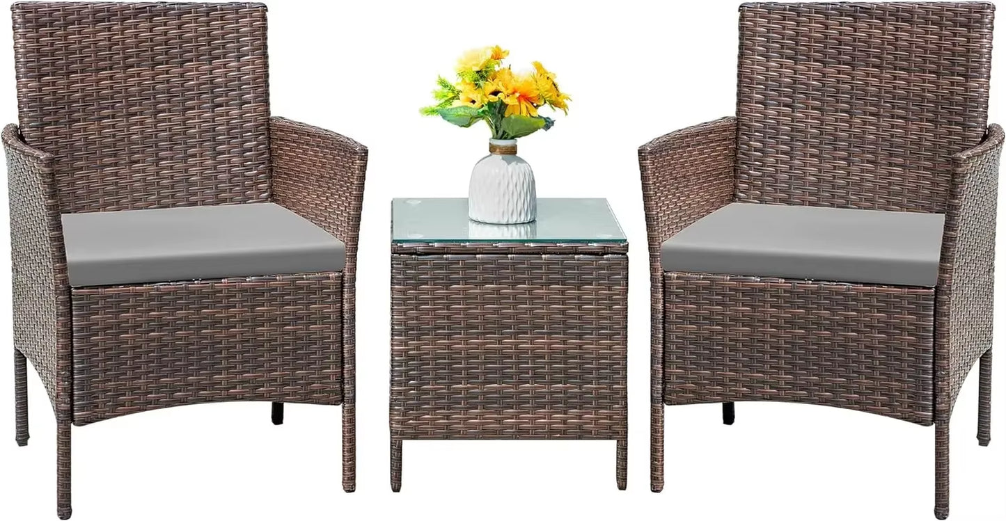 Patio Furniture Set 3 Pieces All-Weather Rattan Outdoor Furniture Patio Chairs with Tempered Glass Table (Brown/Cream)