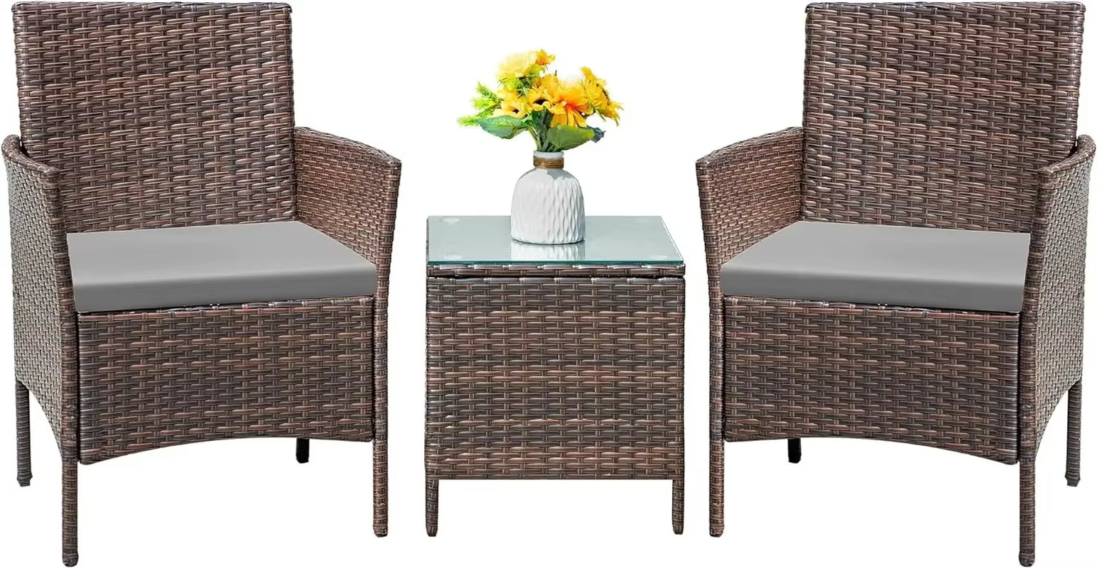 Patio Furniture Set 3 Pieces All-Weather Rattan Outdoor Furniture Patio Chairs with Tempered Glass Table (Brown/Cream)