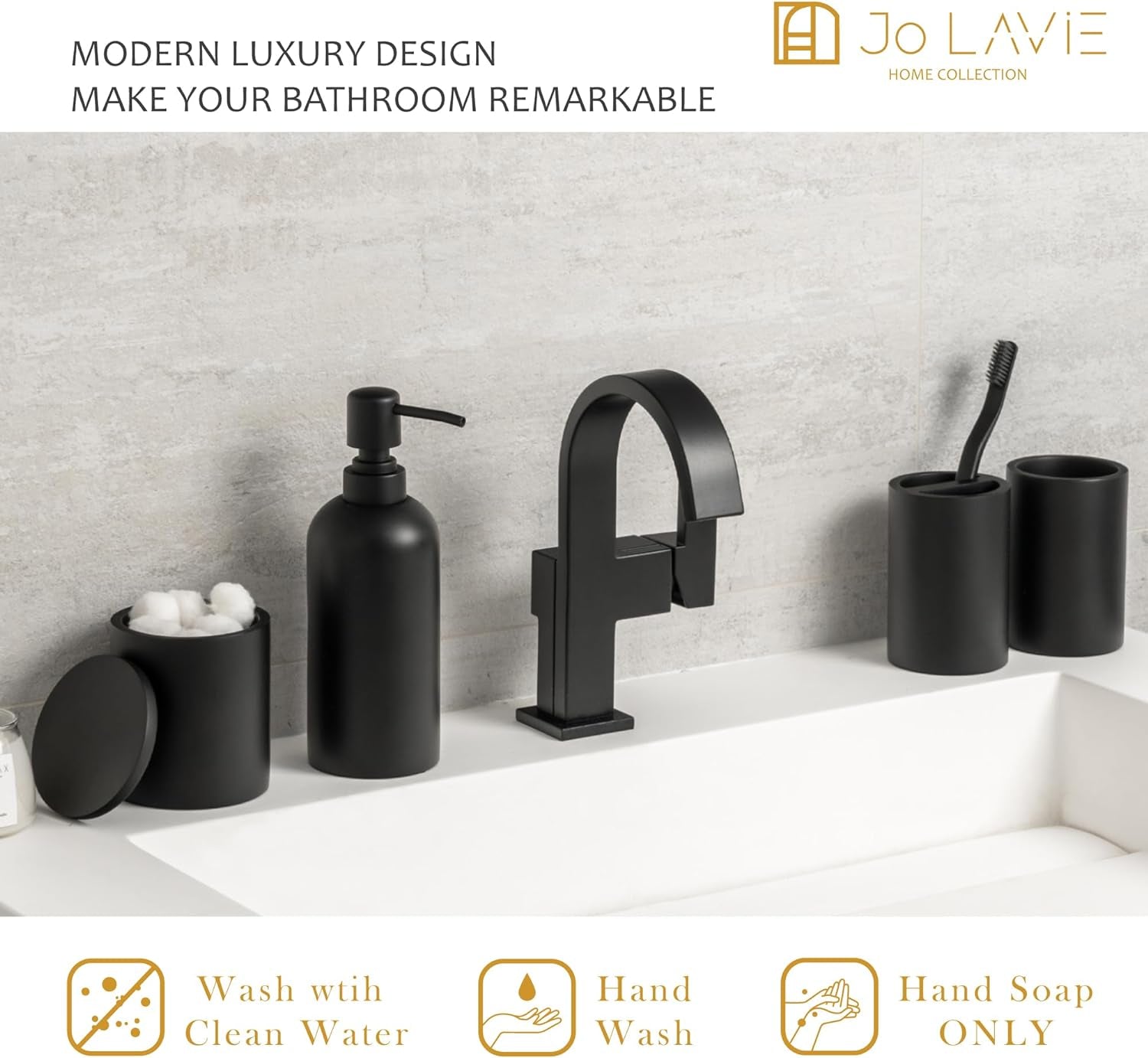 Matte Black Bathroom Accessories Set, 4 Pcs Organizer with Soap Dispenser, Qtip Holder, Tumbler, Toothbrush Holder, Bathroom Sink Set– Accesorios Para Baño Moderno