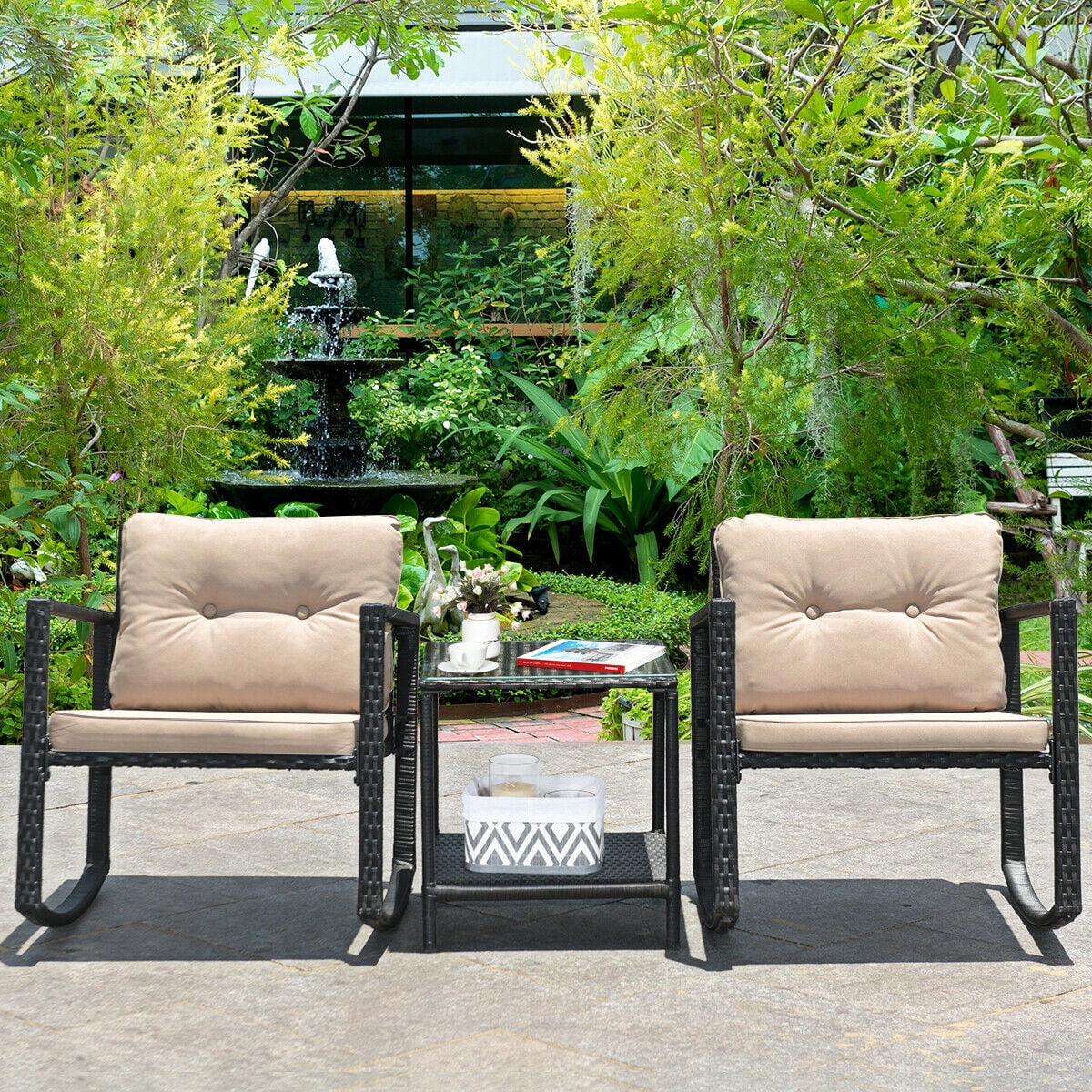 3PCS Rattan Rocking Chair Table Set Patio Furniture Set W/ Cushions