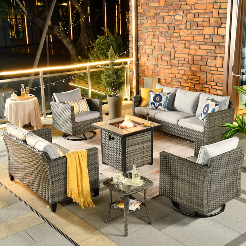 6 -Piece Wicker Patio Sofa Conversation Set with Orange Cushions