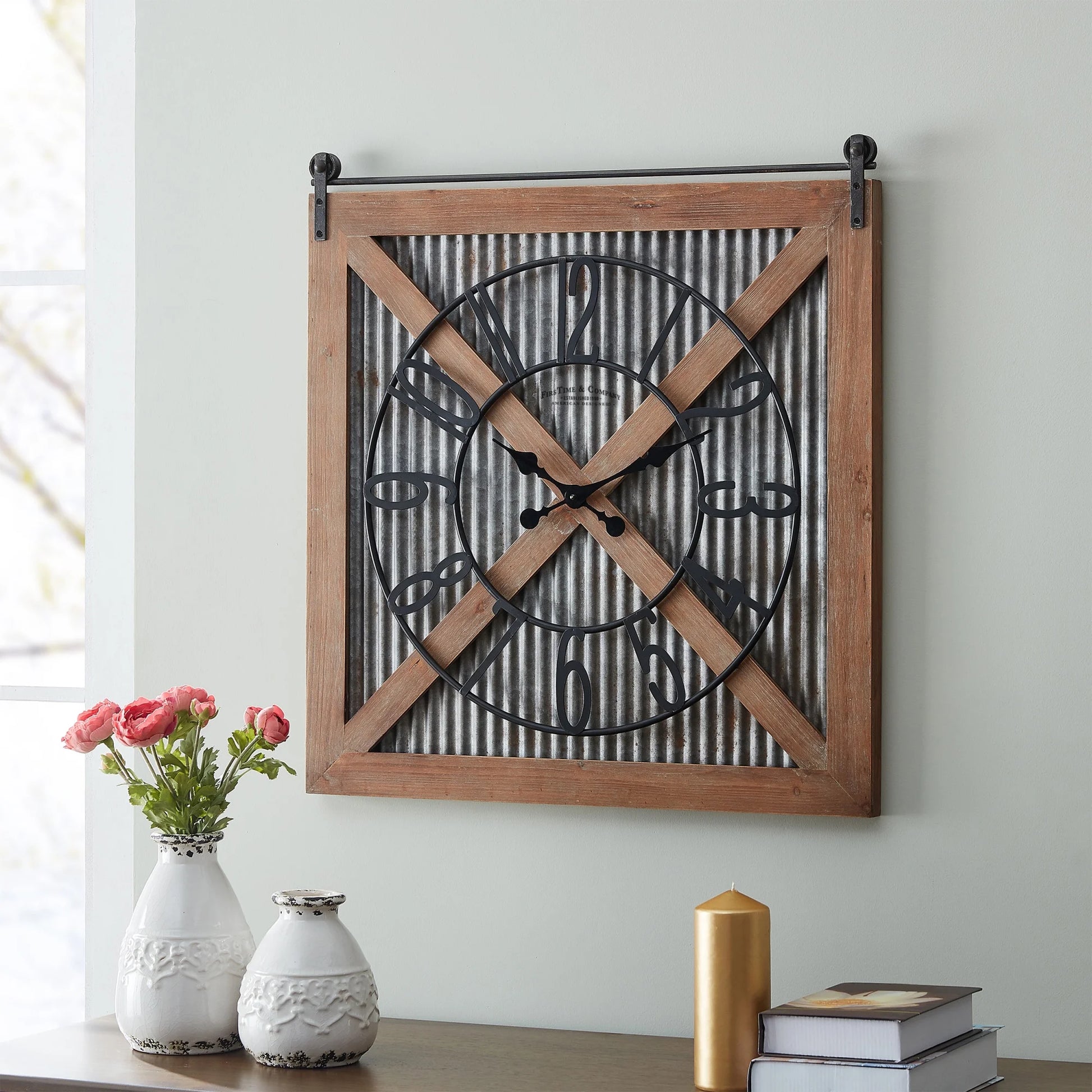 & Co. Brown and Silver Fieldhaven Barn Door Wall Clock, Farmhouse, Analog, 27 X 2 X 29 In