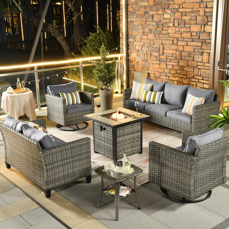 6 -Piece Wicker Patio Sofa Conversation Set with Orange Cushions