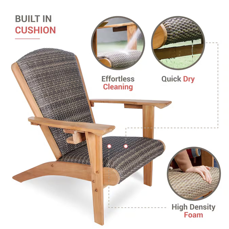 Dunham Wicker Natural Teak Wood Frame Stationary Adirondack Chair with Cushioned Seat