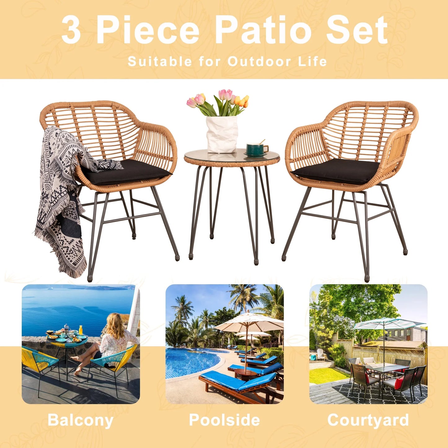 3 Piece Outdoor Wicker Furniture Patio Bistro Set, PE Rattan Patio Chairs Set W/Table & Cushions, Modern Outdoor Patio Furniture for Porch Poolside Garden, Black