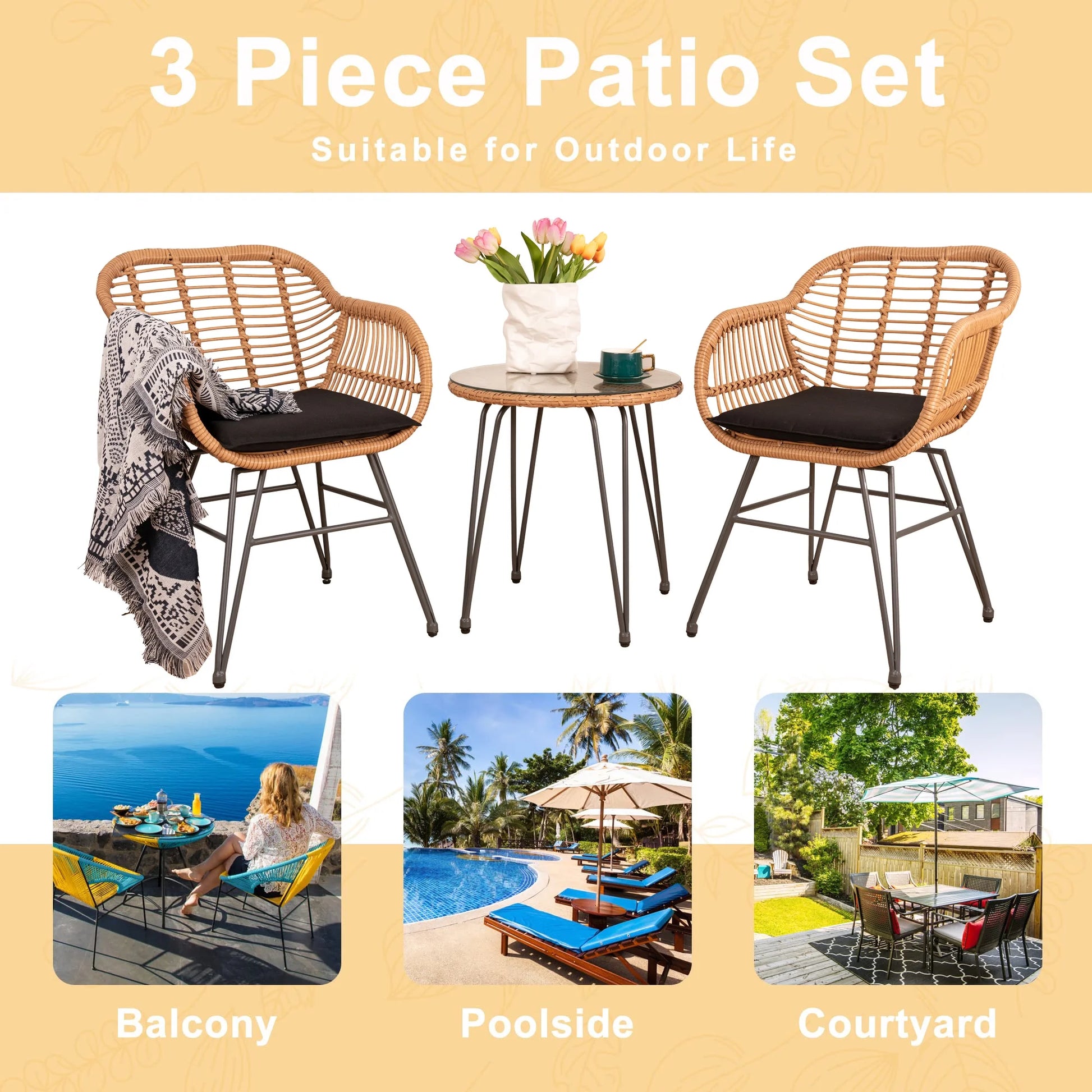 3 Piece Outdoor Wicker Furniture Patio Bistro Set, PE Rattan Patio Chairs Set W/Table & Cushions, Modern Outdoor Patio Furniture for Porch Poolside Garden, Black