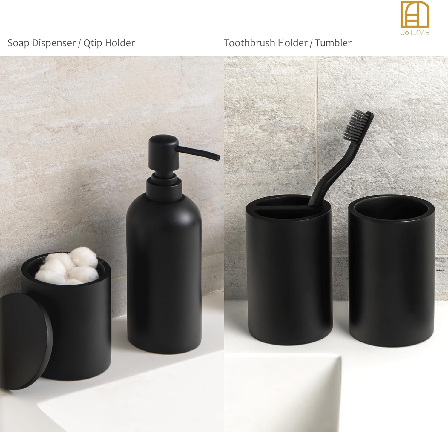Matte Black Bathroom Accessories Set, 4 Pcs Organizer with Soap Dispenser, Qtip Holder, Tumbler, Toothbrush Holder, Bathroom Sink Set– Accesorios Para Baño Moderno