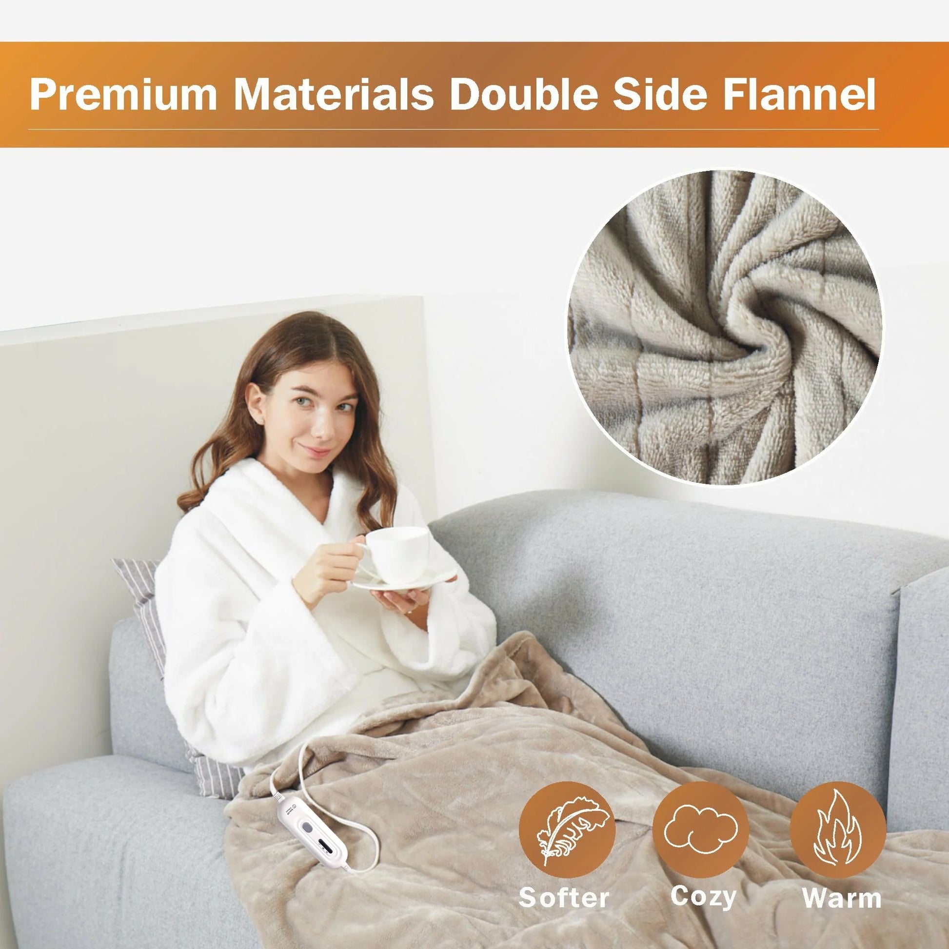 Heated Blanket Throw,50"X60"Double Flannel Heating Blanket for Home Office, Electric Blanket 4 Hours Auto-Off & Over-Heat Protection,Camel