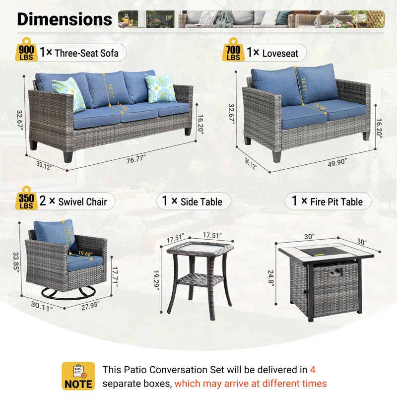 Lovall Rattan Wicker 7 - Person Seating Group with Fire Pit and Cushions