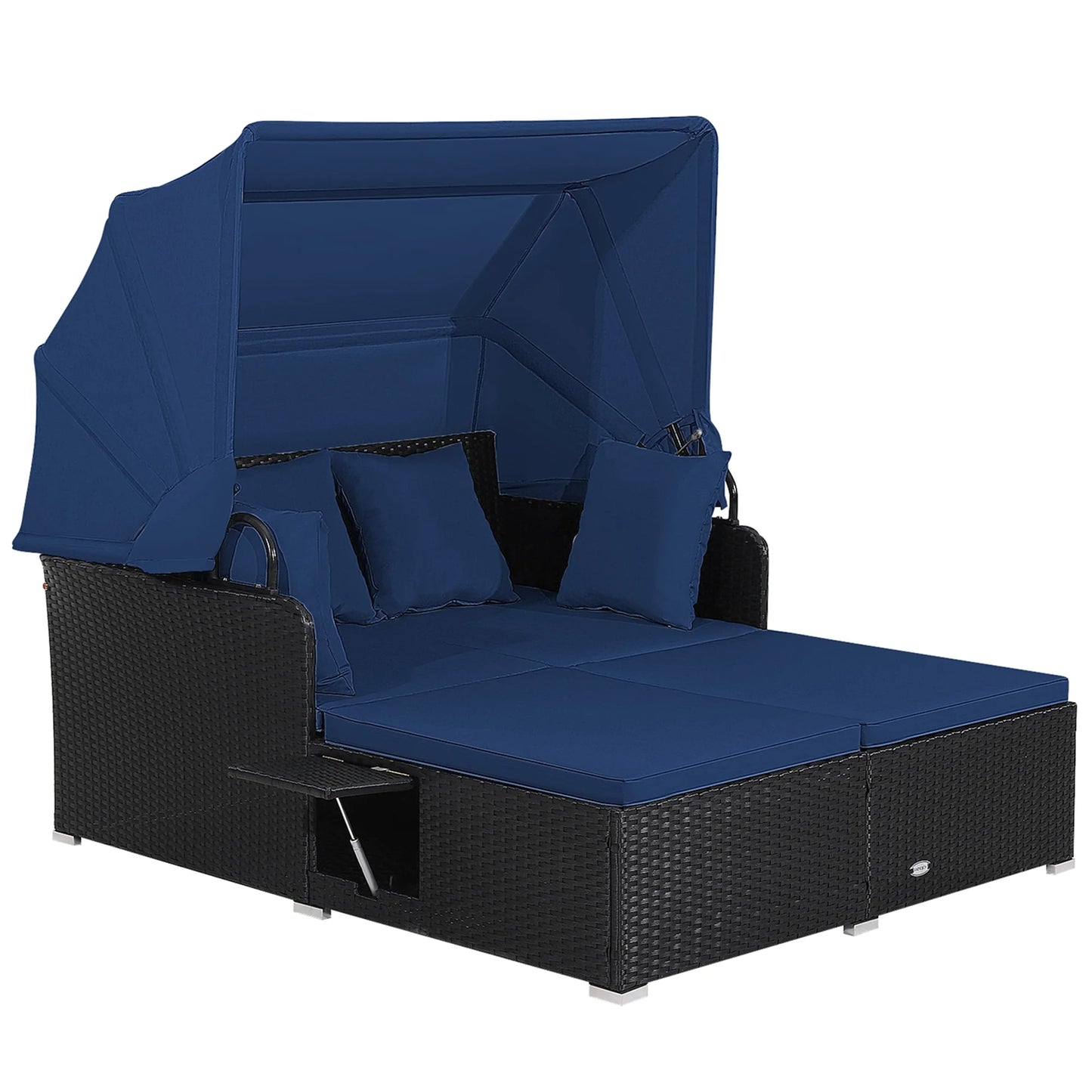 Patio Rattan Daybed Lounge Retractable Top Canopy Side Tables Cushions Navy
