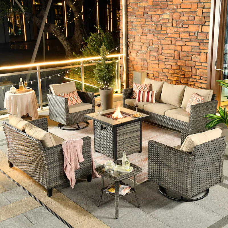 6 -Piece Wicker Patio Sofa Conversation Set with Orange Cushions