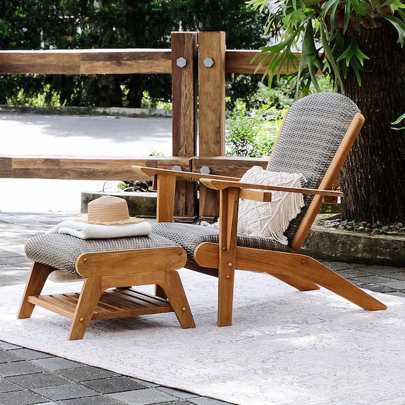 Dunham Wicker Natural Teak Wood Frame Stationary Adirondack Chair with Cushioned Seat