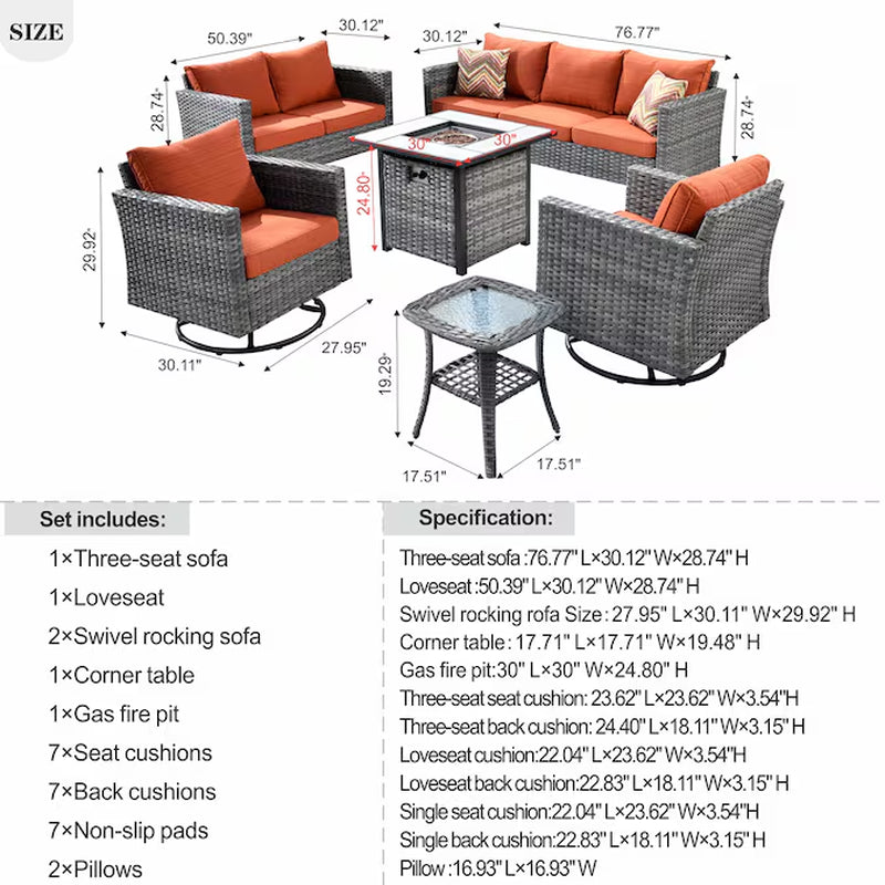 6 -Piece Wicker Patio Sofa Conversation Set with Orange Cushions
