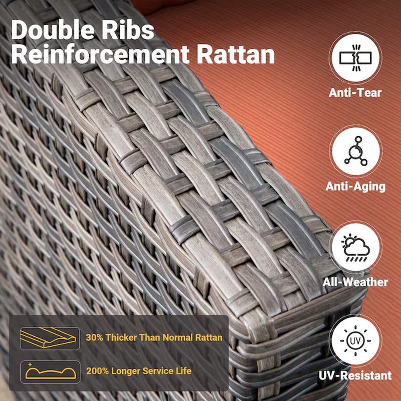 6 -Piece Wicker Patio Sofa Conversation Set with Orange Cushions