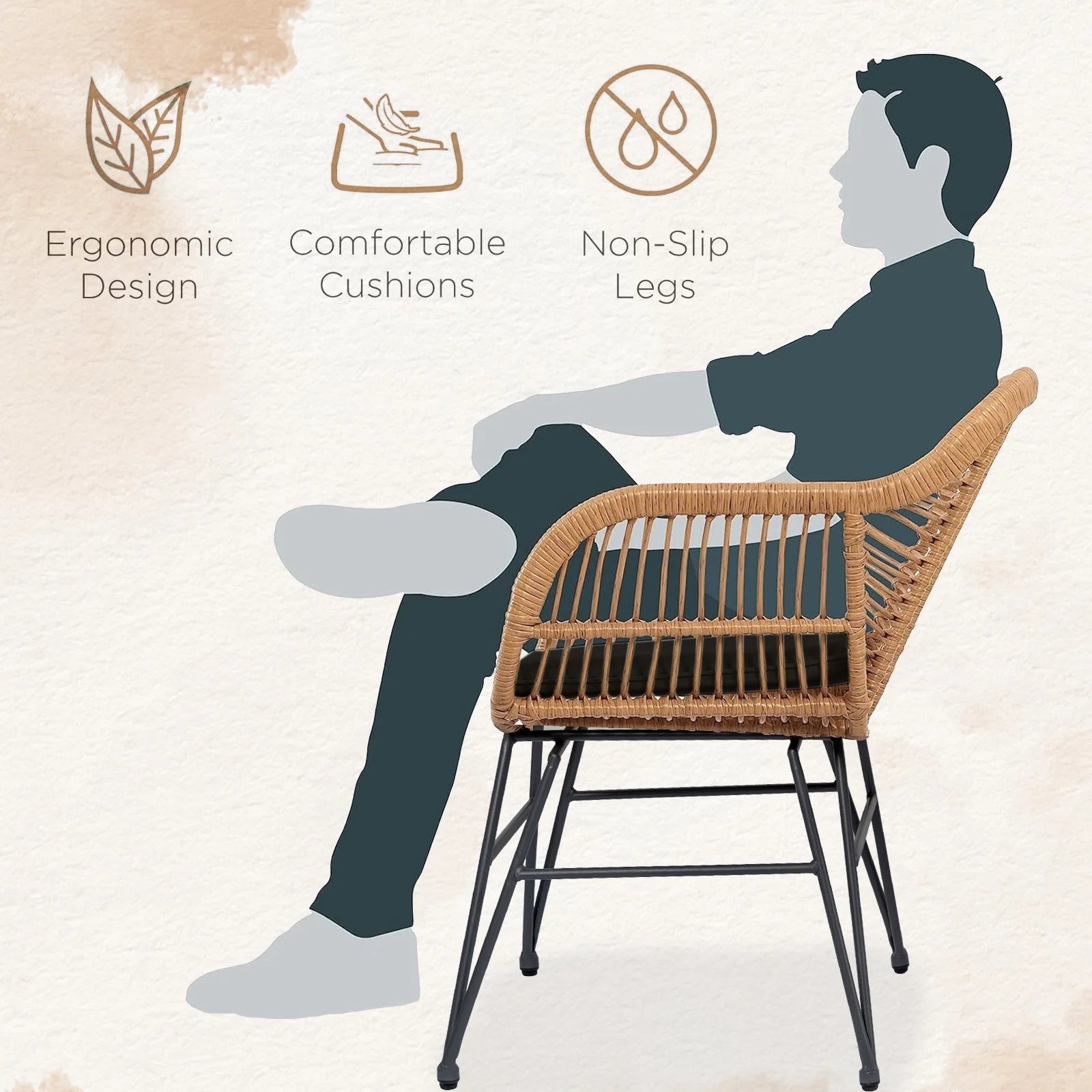 3 Piece Outdoor Wicker Furniture Patio Bistro Set, PE Rattan Patio Chairs Set W/Table & Cushions, Modern Outdoor Patio Furniture for Porch Poolside Garden, Black