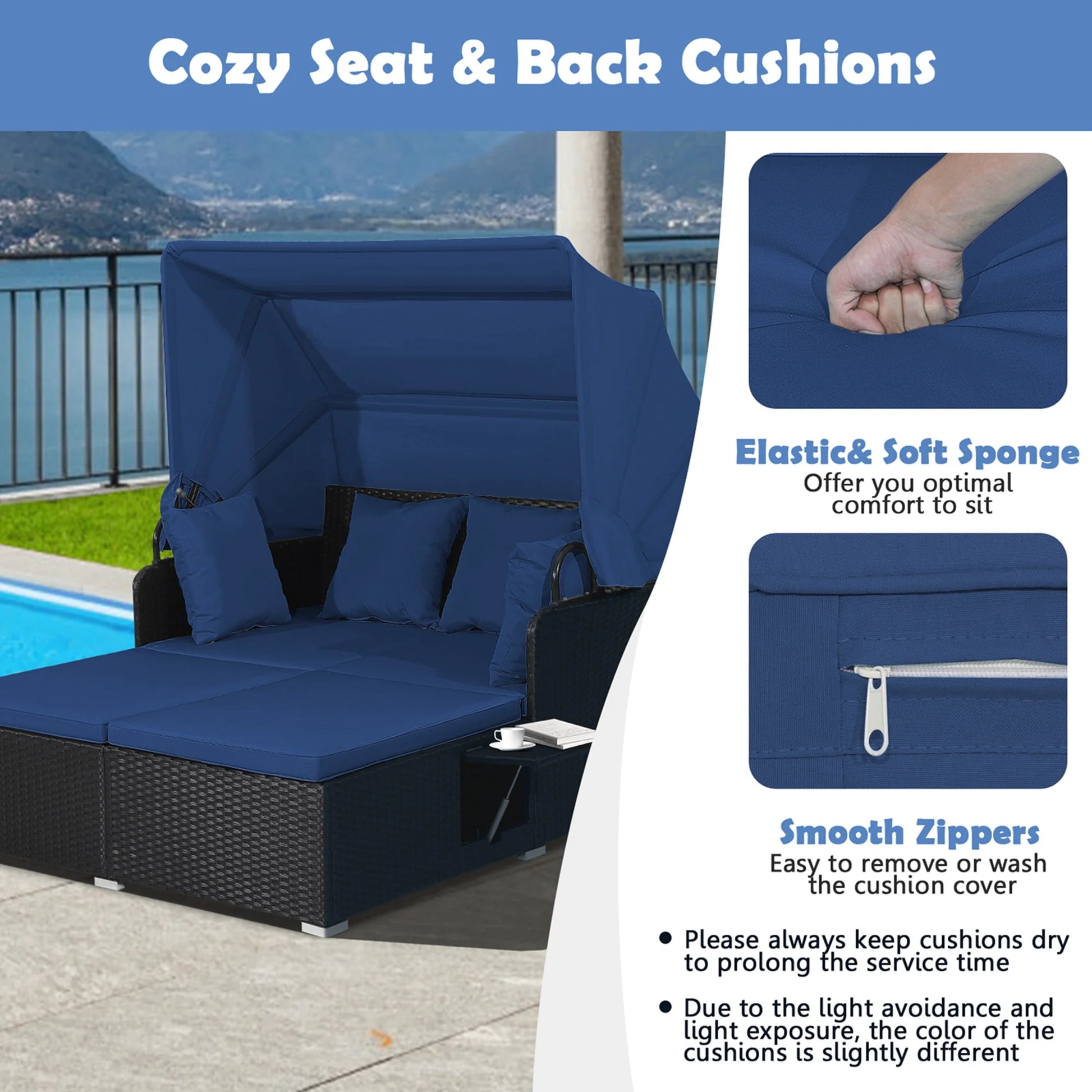 Patio Rattan Daybed Lounge Retractable Top Canopy Side Tables Cushions Navy