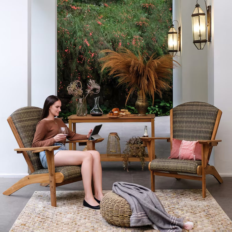 Dunham Wicker Natural Teak Wood Frame Stationary Adirondack Chair with Cushioned Seat