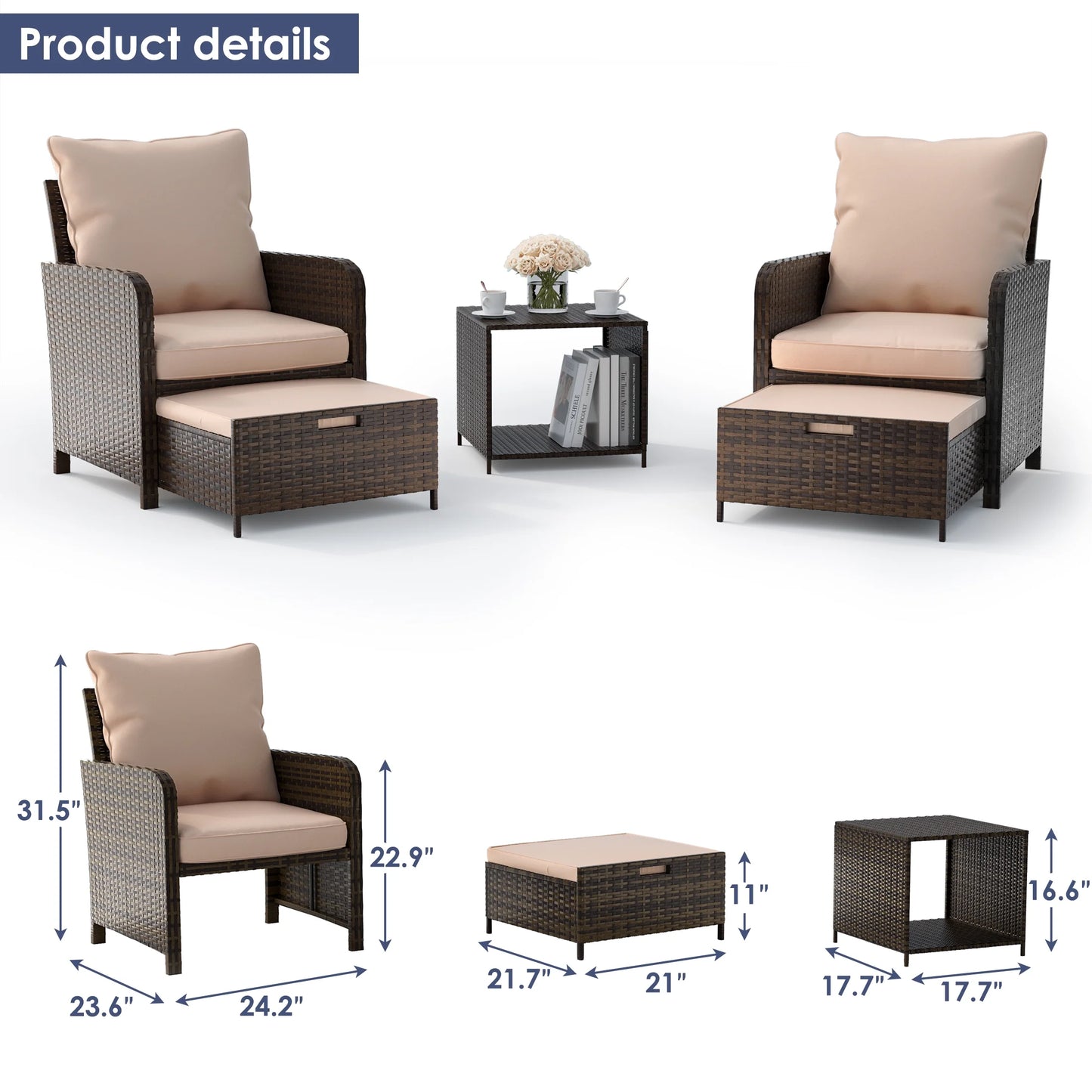 Balcony Furniture 5 Piece Patio Furniture Set, Outdoor Patio Chair , Khaki