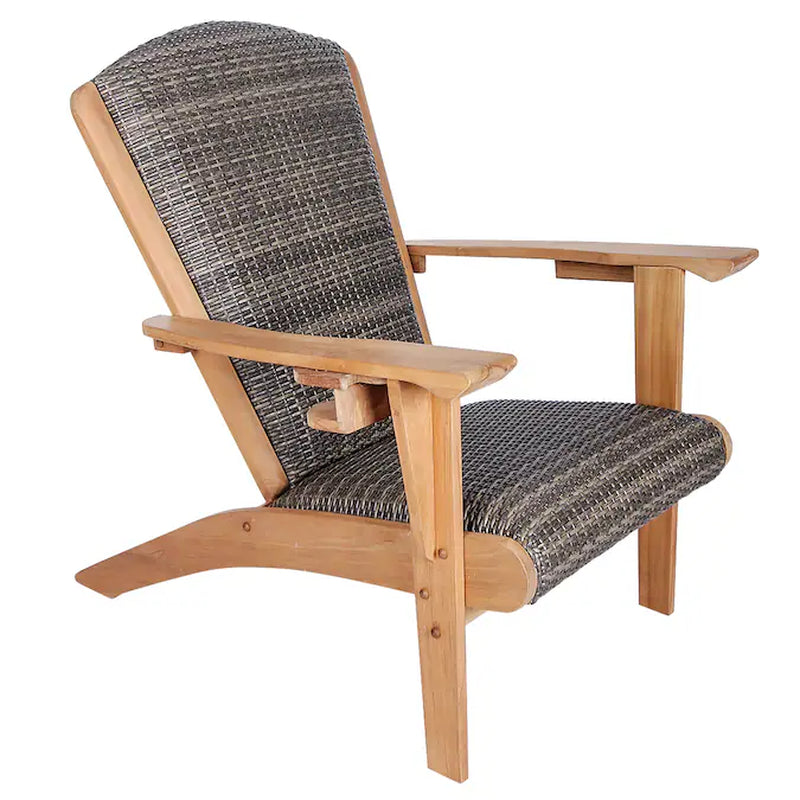 Dunham Wicker Natural Teak Wood Frame Stationary Adirondack Chair with Cushioned Seat