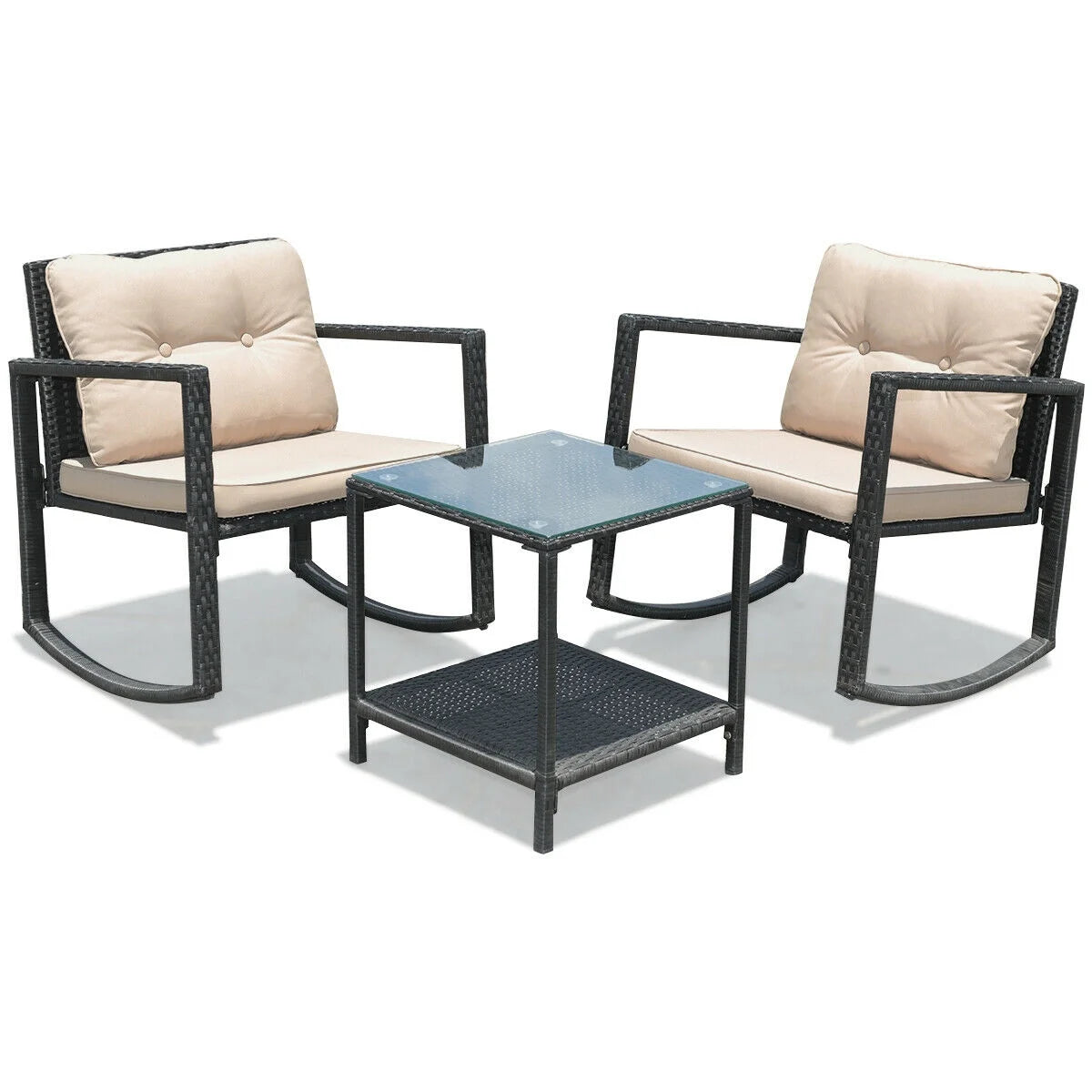 3PCS Rattan Rocking Chair Table Set Patio Furniture Set W/ Cushions
